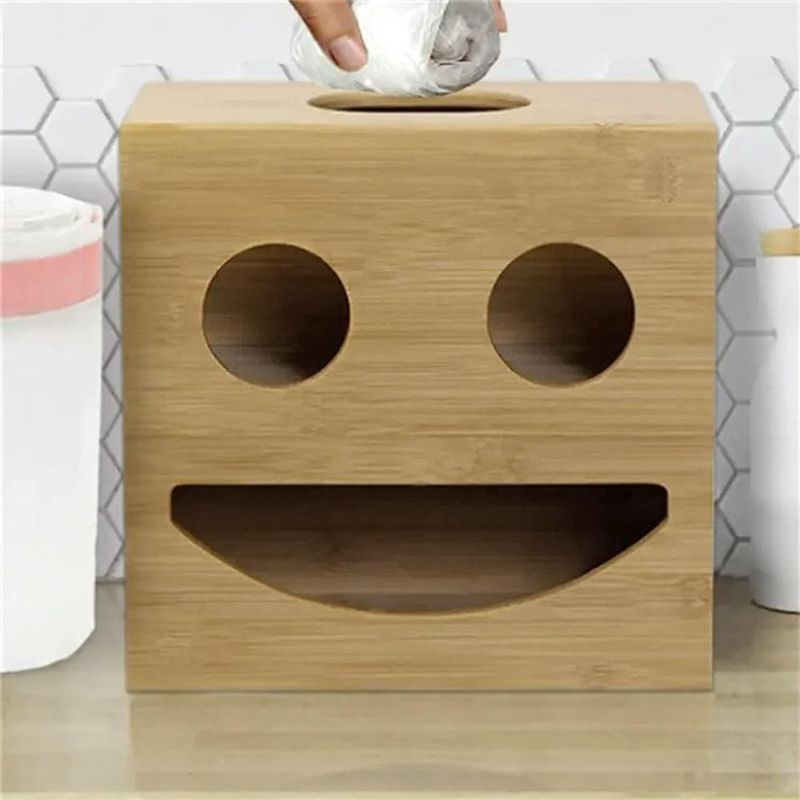 Photo 1 of 2-in-1 Trash and Grocery Bag Dispenser - Eco-Friendly Bamboo, Wall-Mounted Organizer, Space-Saving Solution, Multi-Functional, Sleek Design, Ideal for Home & Kitchen (Smiley)