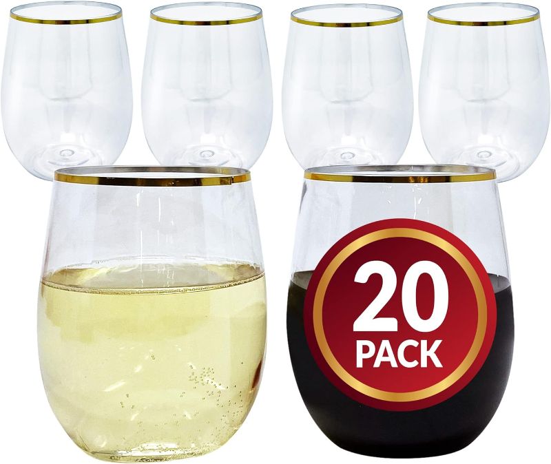 Photo 1 of 12oz. Disposable Wine Glasses Gold-Rim (20 Pack) Stemless Crystal Clear | Reusable & Recyclable BPA-Free Food-Grade Plastic | Shatterproof Party Cups for Juices, Cocktails, Whiskey Any Occasion