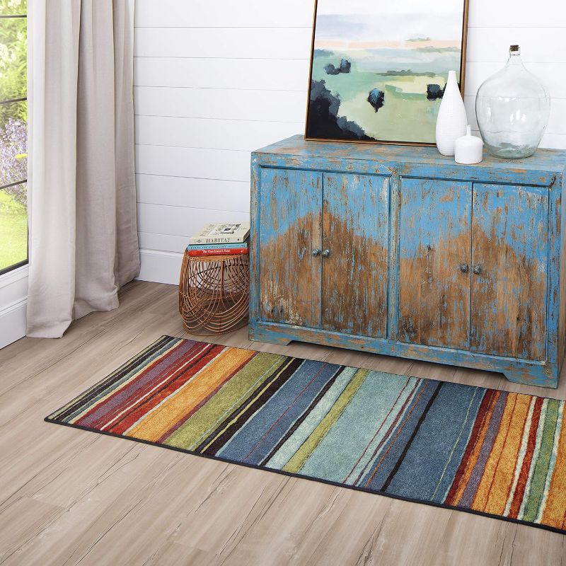 Photo 1 of 1 Piece Native Rainbow Striped Runner Rug, Multi Colored Hallway Entrance Way Tribal Colors Southwest Carpet Long Narrow, Skinny Black Blue Green Orange Purple Red Striped Flooring, Nylon, 2 Ft X 8 Ft
