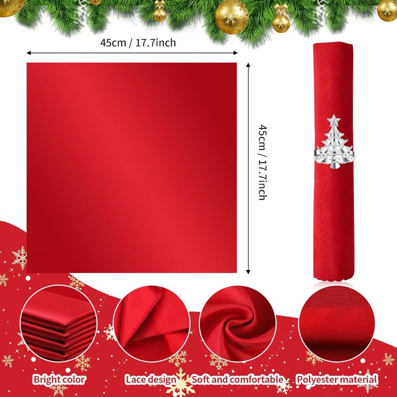 Photo 1 of 20 Pcs Christmas Napkin and Ring Set 10 Pcs Red Washable Christmas Napkins Cloth and 10 Pcs Christmas Napkin Rings Holder for Christmas Dinner Party Table Decoration (Silver Series)