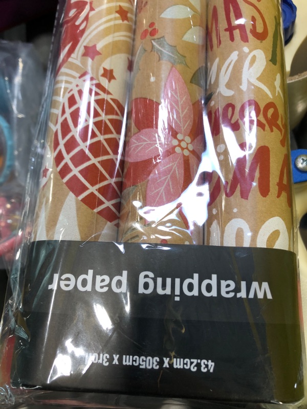 Photo 1 of RUSPEPA Christmas Wrapping Paper Rolls with Tags and Jute String - 17 inches x 10 feet per Roll, Total of 3 Rolls Flower