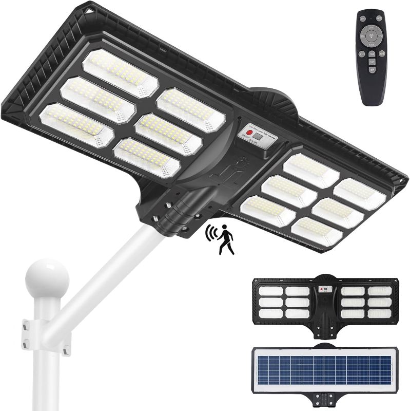 Photo 1 of 1800W LED Solar Street Light outdoor Motion Sensor, 200000LM IP66 Waterproof Large Security Solar Flood Lights with Remote Control, LED Wide Angle Lamp Dusk to Dawn, for Garden Yard, Parking Lot