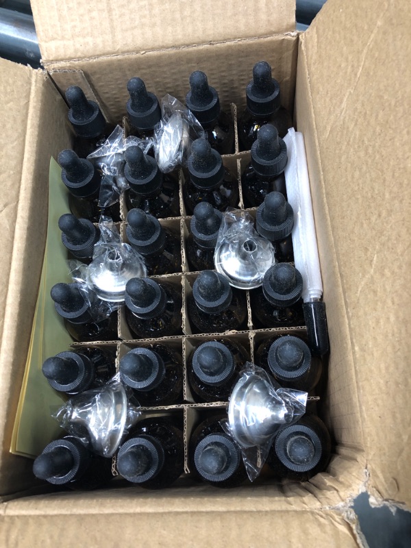 Photo 2 of 24 Pcs 2 oz Dark Amber Dropper Bottles with 6 Small Funnels & 1 Long Glass Dropper & 24 Labels - 60ml Glass Tincture Bottles with Eye Droppers for Essential Oils, Perfume, Hair / Body Oils, Liquids