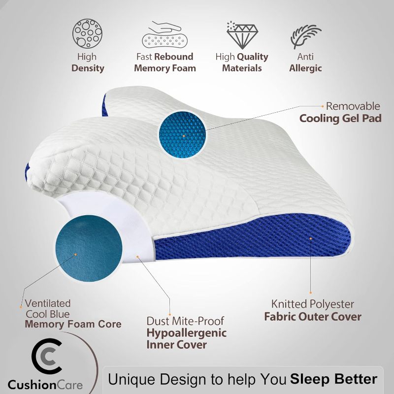 Photo 1 of Cooling Gel Cervical Neck Pillow for Pain Relief Sleeping – Ventilated Blue Memory Foam - Orthopedic Contour Pillow for Side, Back, Stomach Sleeper - Ergonomic Neck and Shoulder Support Pillows