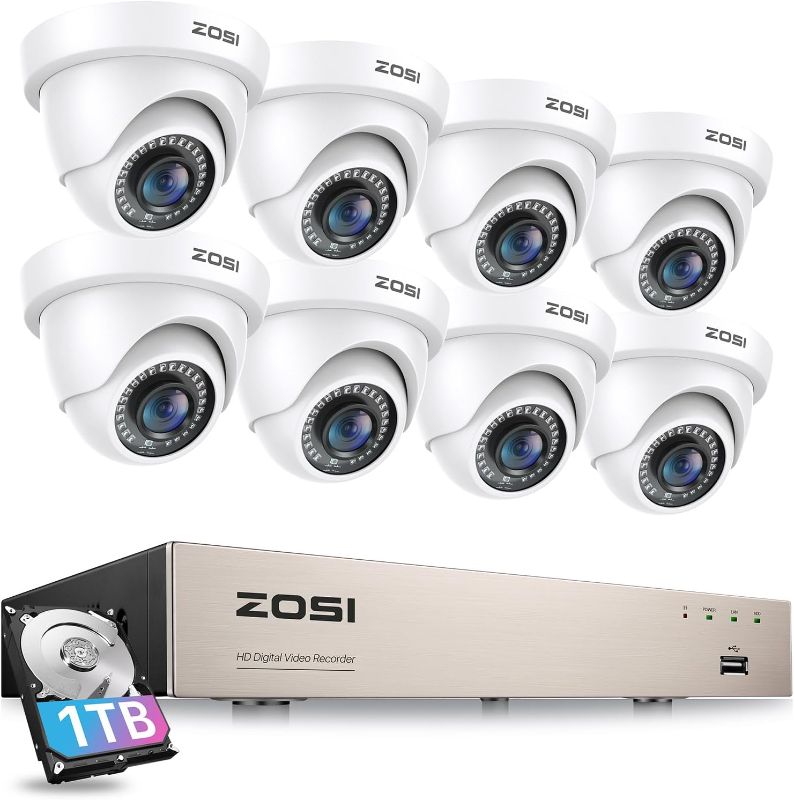 Photo 1 of ZOSI 3K Lite 8CH Security Camera System with 1TB HDD,AI Human/Vehicle Detection,80ft Night Vision,H.265+ 8 Channel 1080P HD-TVI DVR Recorder,8pcs 1920TVL Weatherproof CCTV Dome Cameras Indoor Outdoor