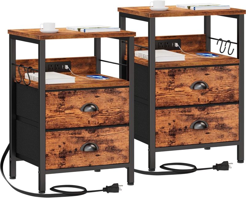 Photo 1 of Furologee Nightstand Set of 2, Rustic Brown, with Charging Station and USB Ports, Side Tables with 2 Fabric Drawers, Bedside Tables with Storage Shelf & Hooks, for Living Room/Bedroom 