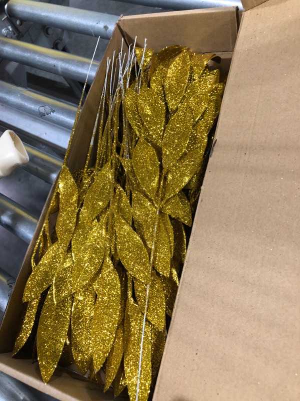 Photo 2 of 20 Pieces Gold Glittered Artificial Leaf Spray Picks 12" Tall for Christmas Winter Wedding Wreath Tree Swag Floral Arrangment Vase Bouquets Table Centerpieces Decoration