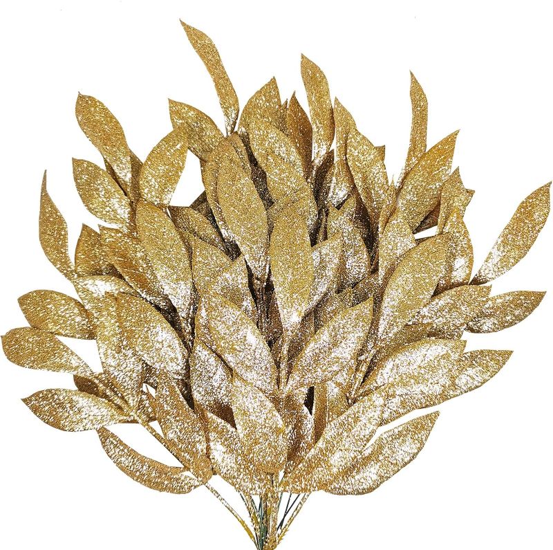 Photo 1 of 20 Pieces Gold Glittered Artificial Leaf Spray Picks 12" Tall for Christmas Winter Wedding Wreath Tree Swag Floral Arrangment Vase Bouquets Table Centerpieces Decoration