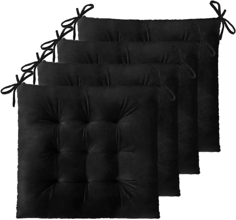 Photo 1 of 4 Pack Chair Cushions for Dining Chairs Chair Pads Cushion for Kitchen Office Tufted Square Seat Cushion with Ties (16" Black Velvet)