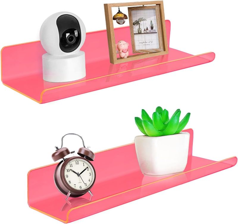 Photo 1 of Acrylic Floating Shelves Wall Mounted Set of 2, Acrylic Hanging Shelves Easily Expand Wall Space, Neon Pink Floating Display Stand Shelves for Shop, Bedroom, Living Room,Office, Neon Pink
