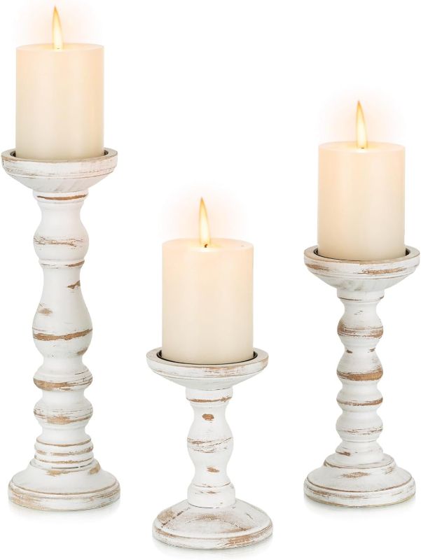 Photo 1 of ***DAMAGED BOX*** Wood Candle Holders for Pillar: Rustic Candles Holder Set of 3 Tall Table Centerpiece Decor Wooden White Farmhouse Candle Stands for Fireplace