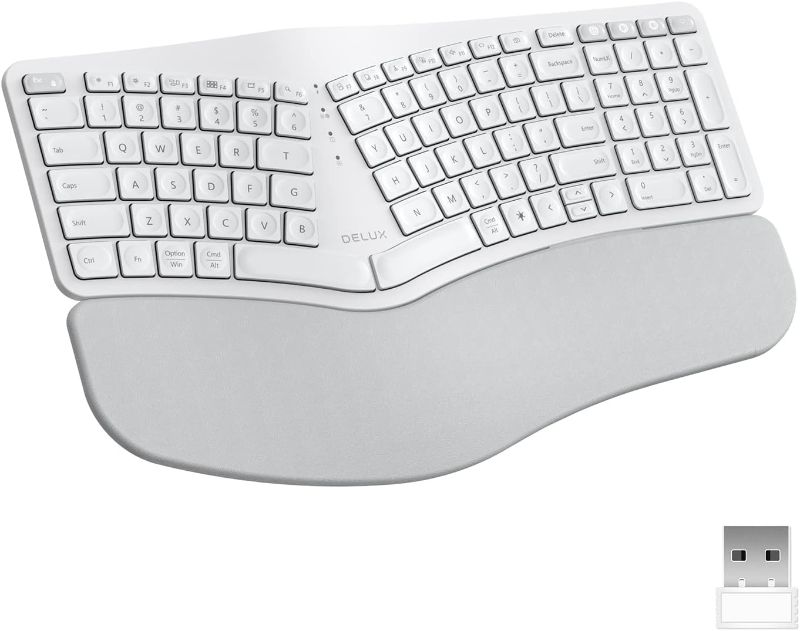 Photo 1 of DeLUX Upgraded Ergonomic Wireless Ergo Split Keyboard with Backlit, 2.4G and Bluetooth, Scissor Switch and Palm Rest for Natural Typing, Compatible with Windows and Mac OS (GM902Pro-White)