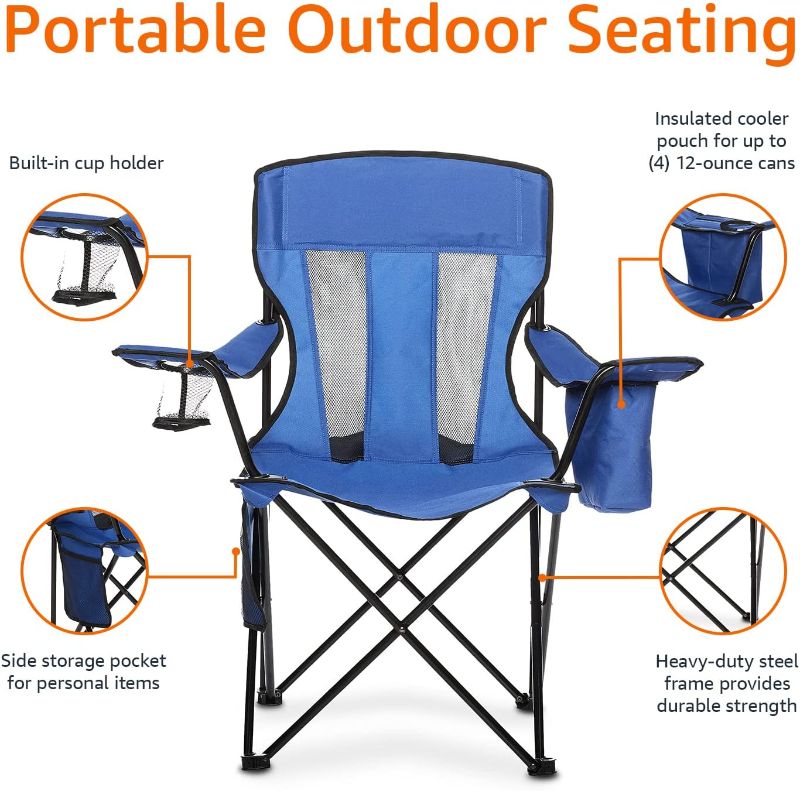 Photo 1 of Amazon Basics Portable Folding Camping Chair with 4-Can Cooler, Side Pocket and Cup Holder with Carrying Ba