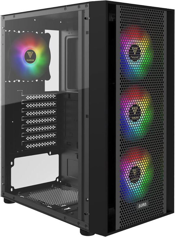 Photo 1 of GAMDIAS ATX Mid Tower Gaming Computer PC Case with Side Tempered Glass, 4X 120mm ARGB Case Fans and Sync with 5V RGB Motherboard and Excellent Airflow