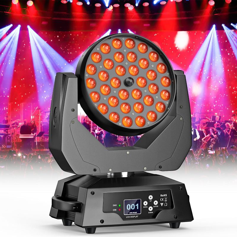 Photo 1 of  Moving Head DJ Lights, 36X 18W LED RGBW DJ Moving Light 4IN1 Zoom Beam Wash Effect DMX Stage Lights for Christmas, Parties, Club, Concert, Wedding, Disco Events - 1 Pack