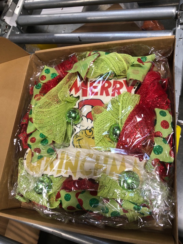 Photo 1 of 18.9 Inch Christmas Wreath Decorations Outdoor, Christmas Door Wreath with Merry Grinchmas Wooden Sign, Winter Christmas Wreath for Front Door Outside, Christmas Door Decor Home Indoor