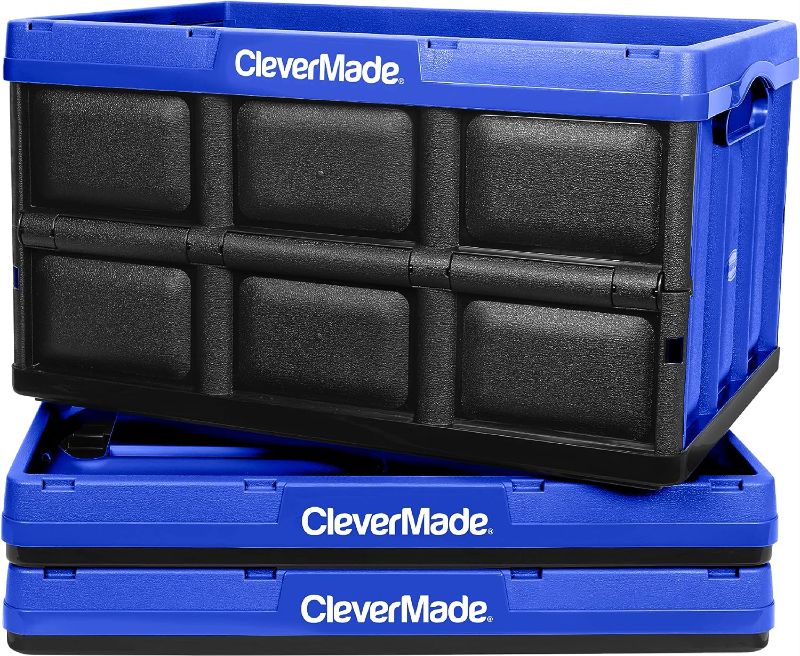 Photo 1 of CleverMade 62L Collapsible Storage Bins - Durable Plastic Folding Utility Crates, Royal Blue, 3 Pack