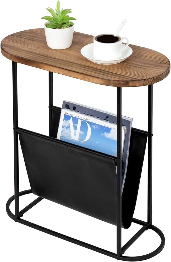 Photo 1 of  MyGift Modern Side Table Oval-Shaped Rustic Burnt Wood Tabletop and Black Metal Frame Small Living Room Accent End Table with Magazine Sling Holder Pouch Aluminum 