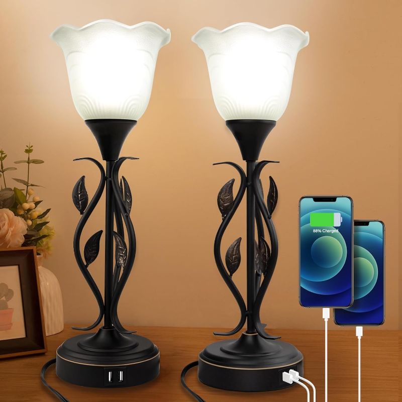 Photo 1 of Bedside Lamps Set of 2, Table Lamp with USB Port 3 Way Dimmable Touch lamp Torchiere Nightstand Lamps with Rustic Vines Leaf and Glass Flower Shade lamp for Bedroom, Living Room, Office