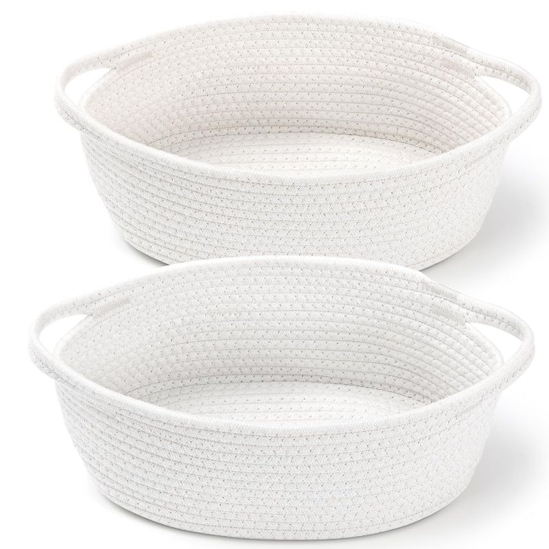 Photo 1 of 2 Pack Small Woven Basket with Handles, Cotton Rope Room Shelf Storage Basket, Cute Baby Gift Basket for Nursery, Bedroom - Cat Dog Toys Basket, Empty Decorative Gift Chest Box, All 12"x 8"x 5",White