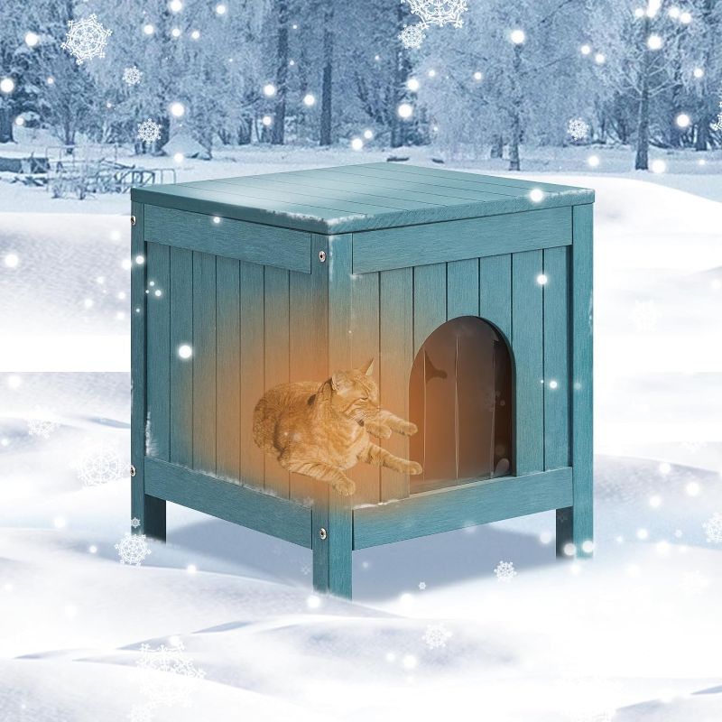 Photo 1 of AACULPET Insulated Outdoor Cat House, Weatherproof Outdoor Furniture Cat House, PS Plastic Cat Shelter for Outdoor Feral Cats with Openable Roof, Elevated Feet for Patio, Porch, Backyard, Lake Blue
