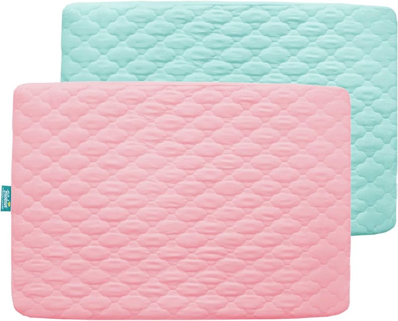 Photo 1 of 2 Pack Pack and Play Sheets Quilted, Playard Mattress Pad Protector 39" X 27" fits for Baby Foldable and Playpen Mattress, Portable Mini Crib, Pink & Aqua
