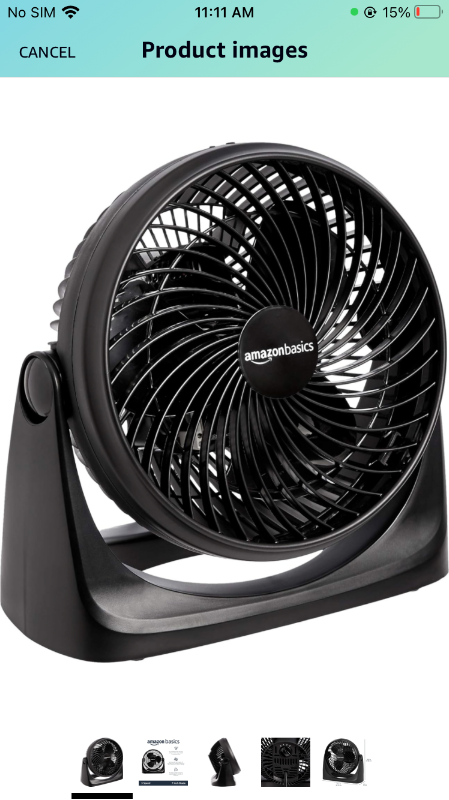 Photo 1 of Amazon Basics 3 Speed Small Room Air Circulator Fan, 7-Inch Blade, Black, 6.3"D x 11.1"W x 10.9"H