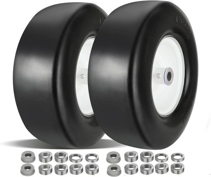 Photo 1 of 13x5.00-6 flat free tire and wheel,Front Zero-Turn Smooth Tire Assembly Replacement for Riding Lawn Mower Garden Tractor,with 3/4" & 5/8" Precision bearings,3.25"- 5.9" Center Hub (2 Pack)