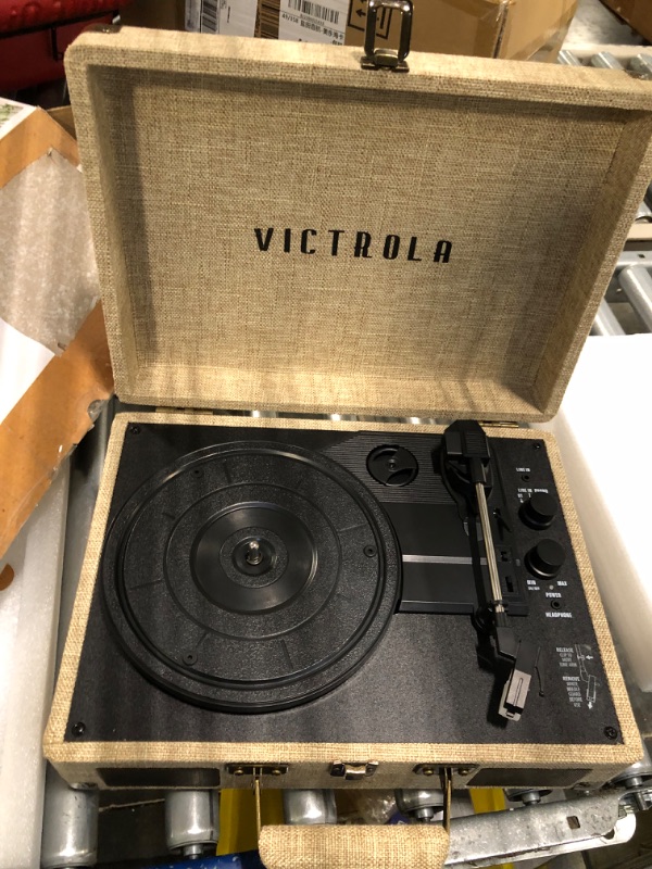 Photo 3 of Victrola Journey+ Signature Turntable Record Player - 33-1/3, 45 & 78 RPM Suitcase Vinyl Record Player, Bluetooth Connectivity & Built-in Speakers, Stereo RCA Output, Linen Finish, Cream