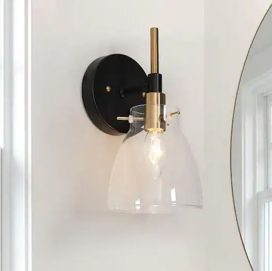 Photo 1 of 1-Light Black Modern Brass Wall Lighting Fixtures Wall Sconce with Cone Clear Glass Shade for Entryway, Hallway
