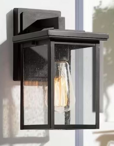 Photo 1 of 1-Light Matte Black Modern Outdoor Wall Lantern Sconce with Clear Seeded Glass Shade
