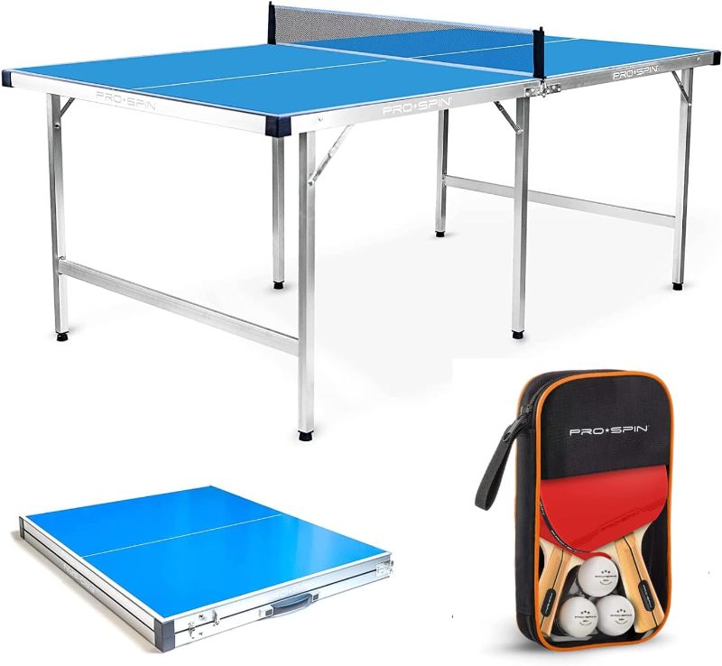 Photo 1 of **DAMAGED LEGS AND HINGES, LIKELY FOR PARTS ONLY** PRO-SPIN Midsize Ping Pong Table Set | Outdoor/Indoor, Weatherproof | High-Performance Ping Pong Paddles & Balls | 100% Pre-Assembled | Regulation Height | Foldable Premium Aluminum Table Tennis Table
