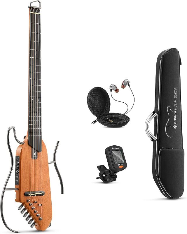 Photo 1 of Donner HUSH-I Guitar For Travel - Portable Ultra-Light and Quiet Performance Headless Acoustic-Electric Guitar, Mahogany Body with Removable Frames, Gig Bag, and Accessories Natural
