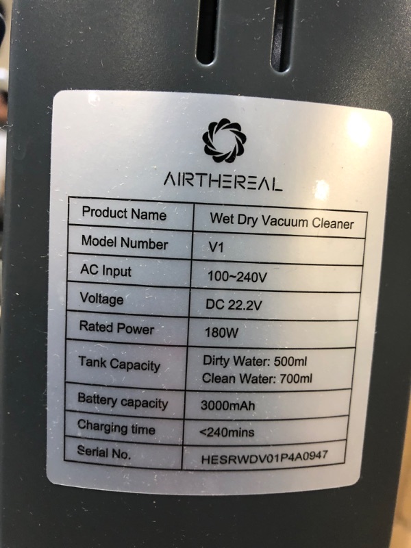 Photo 3 of AIRTHEREAL Smart Wet Dry Vacuum Cleaner, Cordless Hard Floor Cleaner Vacuum Mop All in One with Self-Cleaning, Smart Voice Assistant with Extra Brush-Roll and Filter, VacTide V1 Gray