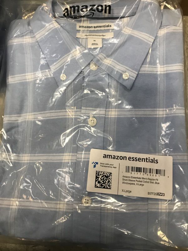 Photo 2 of Amazon Essentials Men's Regular-Fit Short-Sleeve Pocket Oxford Shirt X-Large Blue Windowpane