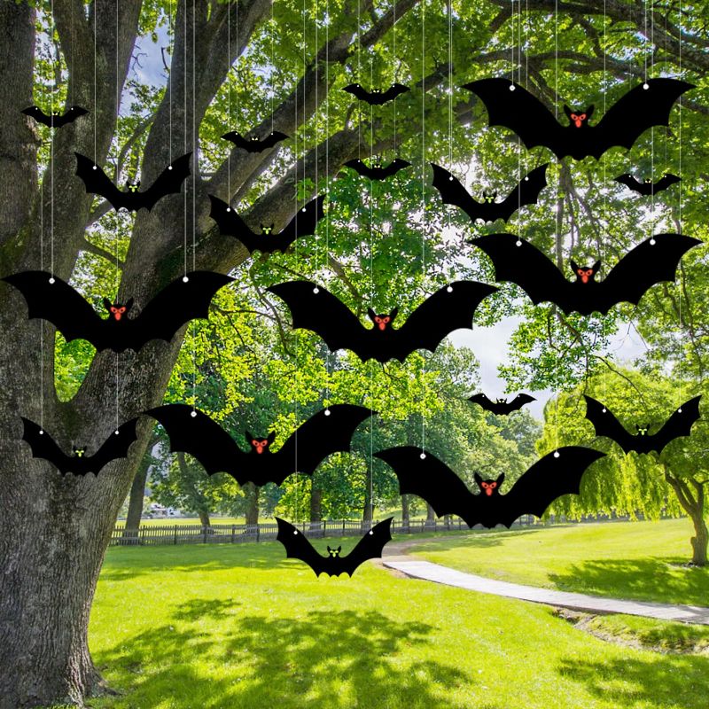 Photo 1 of 18PCS Hanging Bats, Halloween Decorations Outdoor, Large Flying Bats with 75 Pairs of Glow-in-The-Dark Eyes Stickers and 1 Roll of Fishing Line for Tree and Porch, Lawn