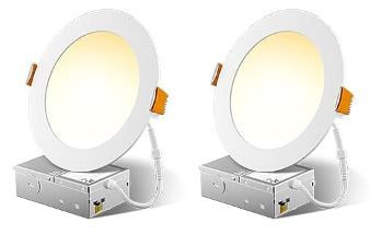 Photo 1 of 2 Pack 6 Inch 5CCT Ultra-Thin LED Recessed Ceiling Light with Junction Box, 2700K/3000K/3500K/4000K/5000K Selectable, 1050LM Brightness, Dimmable Canless Wafer Downlight, 12WEqv110W-ETL&FCC
