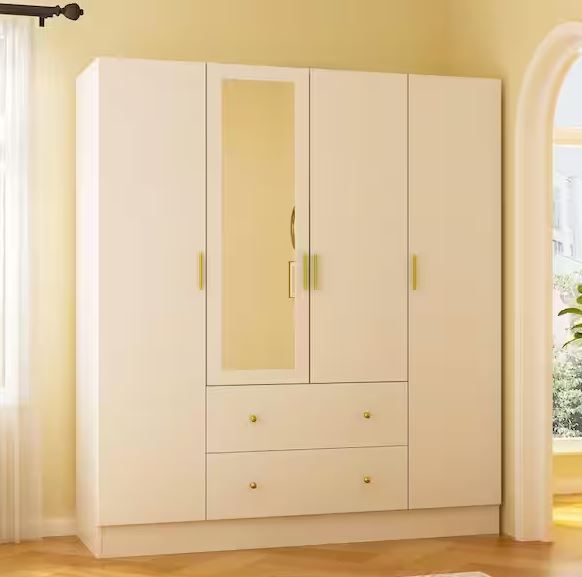 Photo 1 of 2 BOX SET!!! White 4-Door Armoires with Mirror, 2 Hanging Rods, 2-Drawers and Storage Shelves (19.7 in. D x 63 in. W x 70.9 in. H)
