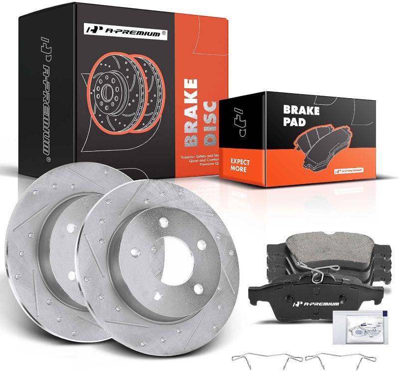 Photo 1 of 2 pads 2 rotors A-Premium 10.43 inch (265mm) Rear Drilled and Slotted Disc Brake Rotors + Ceramic Pads Kit Compatible with Select Mazda Models - 3 2005 2006 2007 2008 2009 2010 2011 2012 2013, 6-PC Set
