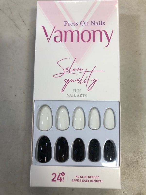 Photo 1 of 48Pcs Short Press on Nails Almond, Vamony Glossy White Black Solid Fake Nails Kit with Prep Pad, Mini File, Cuticle Stick, Adhesive Tabs and False Nails, Stick on Nails DIY for Women Girls Black White