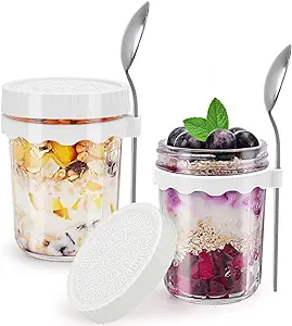 Photo 1 of 2 Pack Small Overnight Oats Containers with Lid and Spoon,12 oz Airtight Overnight Oats Jars Oatmeal Meal Prep Glass Jars with Measurement Marks for Breakfast Cereal Milk Yogurt Fruit Salad Chia(White)