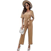 Photo 1 of Size M--Flygo Women's Short Sleeve Jumpsuits Casual Wrap V Neck Overalls Belted Wide Leg Long Pants Rompers(Khaki-M)