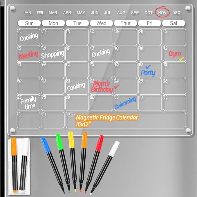 Photo 1 of Acrylic Magnetic Calendar for Fridge Calendar Board, Clear Acrylic Fridge Calendar Magnetic Monthly White Board, Planning Board w/ 8 Markers & Holder, (Calendar+Black Memo) 16x12''