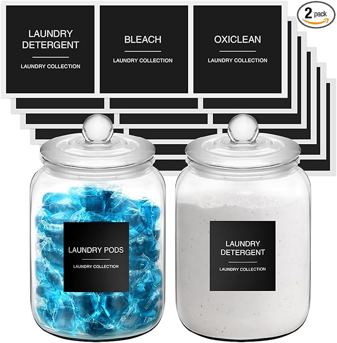 Photo 1 of  Glass Jars for Laundry Room Organization and Storage, 0.5 Gallon Glass Containers with lids, Laundry Pods and Detergent Container (Set of 2, Black Labels)