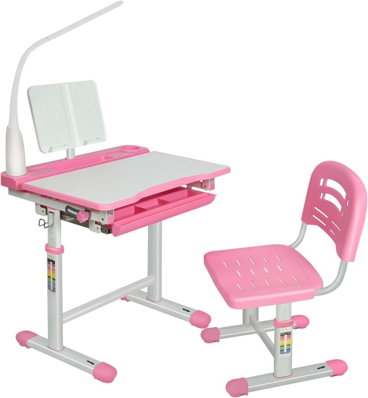 Photo 1 of Diroan Kids Multifunctional Desk and Chair Set, Height Adjustable Children School Study Desk with Tilt Desktop, Metal Hook and Storage Drawer for Boys Girls - PINK
