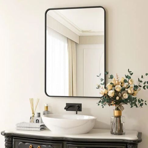 Photo 1 of 24 in. W x 36 in. H Rectangular Aluminum Alloy Framed Rounded Black Wall Mirror
