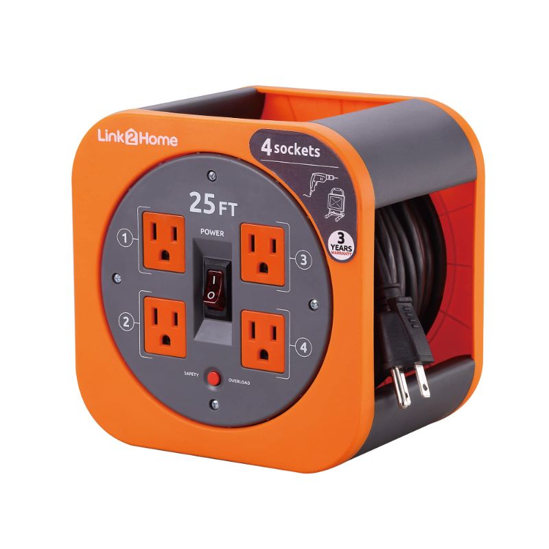 Photo 1 of Link2Home Cord Reel 25 ft. Extension Cord 4 Power Outlets – 16 AWG SJT Cable. Orange