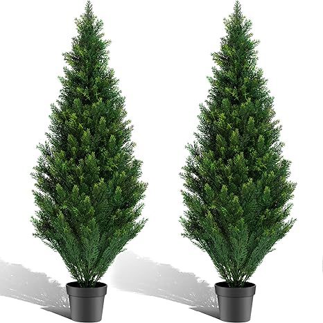 Photo 1 of POZOY 2 Pack 5ft Artificial Cedar Topiary Trees, Outdoor Faux Arborvitae Plants UV Resistant, Anti-Fading, Lasting Evergreen Pine Shrubs for Indoor, Front Porch, Office Decor
