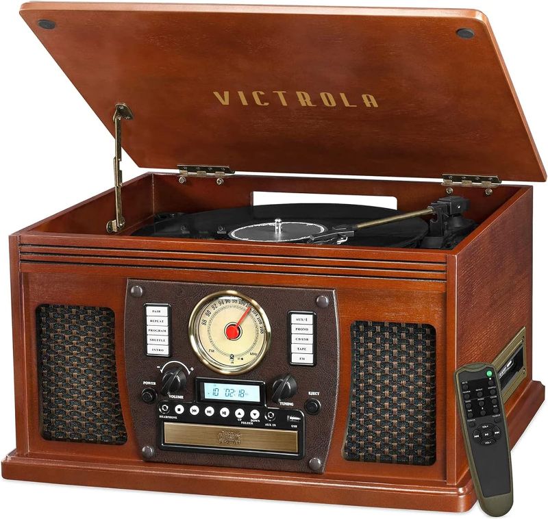 Photo 1 of Victrola 8-in-1 Bluetooth Record Player & Multimedia Center, Built-in Stereo Speakers - Turntable, Wireless Music Streaming, Real Wood | Mahogany
