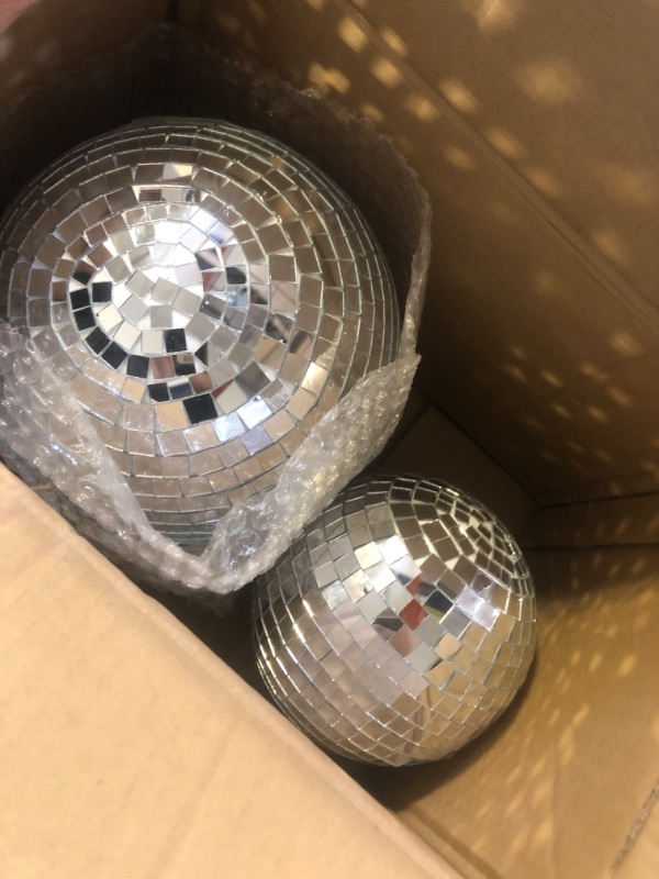 Photo 2 of 2 Pcs Large Disco Ball Silver Hanging Mirror Disco Ball Reflective Mirror Disco Ball Ornament for Party Holiday Wedding Dance Music Festivals Decor Club Stage Props DJ Decoration (6 Inch, 8 Inch)